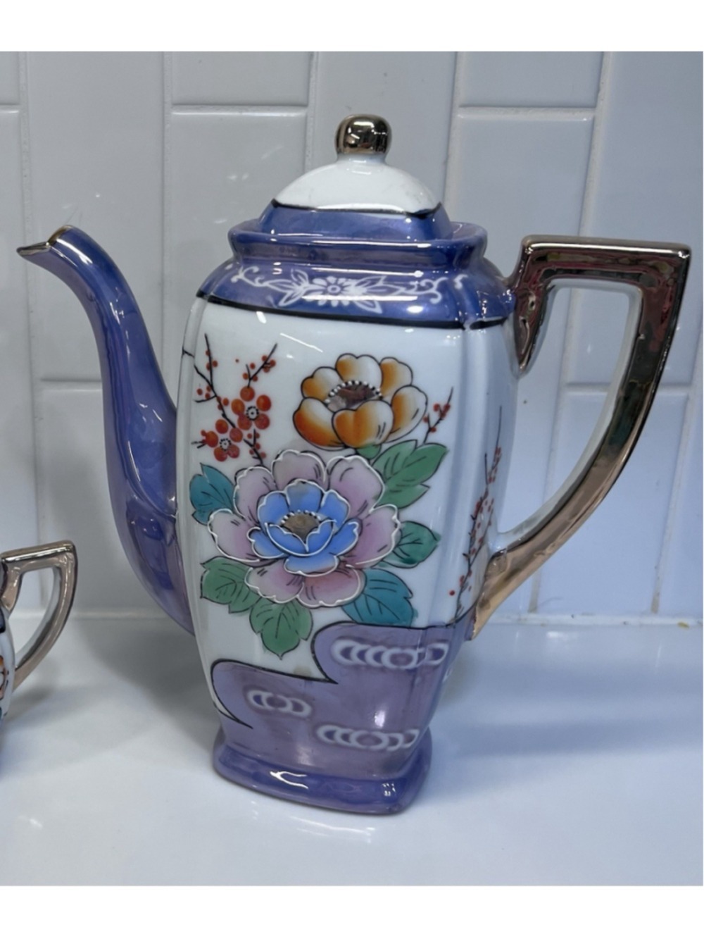 Vintage Japanese Purple Lustreware Teapot With Gold Trim Peonies 1920s